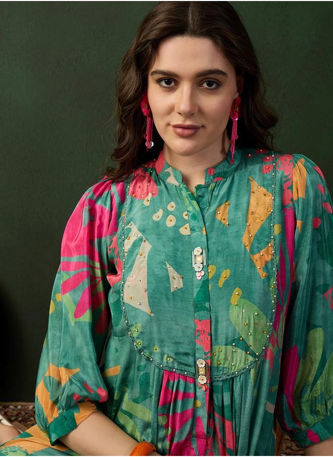 DW Printed A-Line Ethnic Knee-Length Dress by Styli  - Image 2