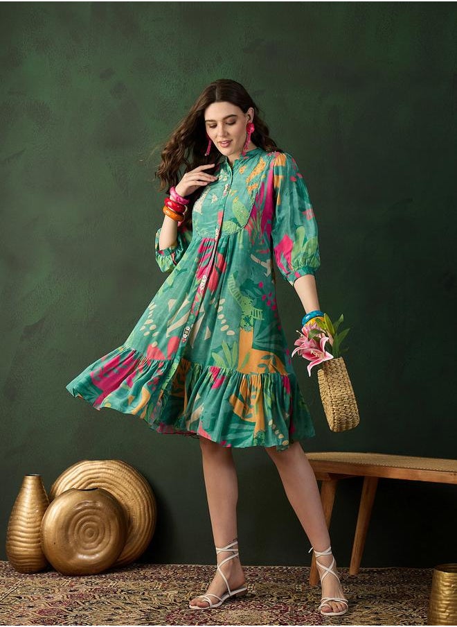 DW Printed A-Line Ethnic Knee-Length Dress by Styli  - Image 4