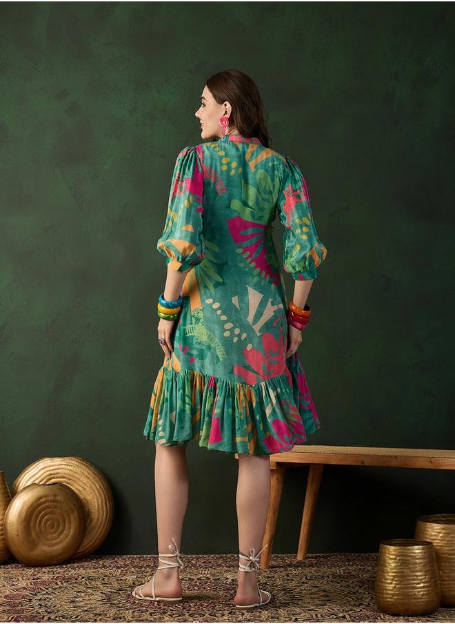DW Printed A-Line Ethnic Knee-Length Dress by Styli  - Image 3