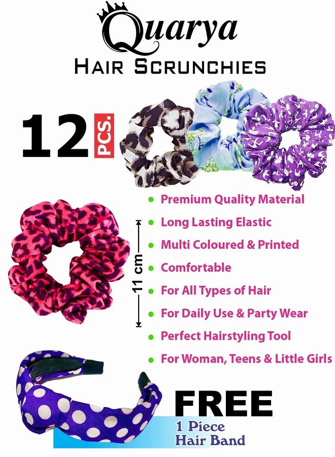 Quarya Elastic Hair Bands Scrunchies Colourful Printed Ties Ropes For Girls and Women Hair Accessories Multi- Colour (Pack of 12 Scrunchies plus 1 Hair band) - Image 2