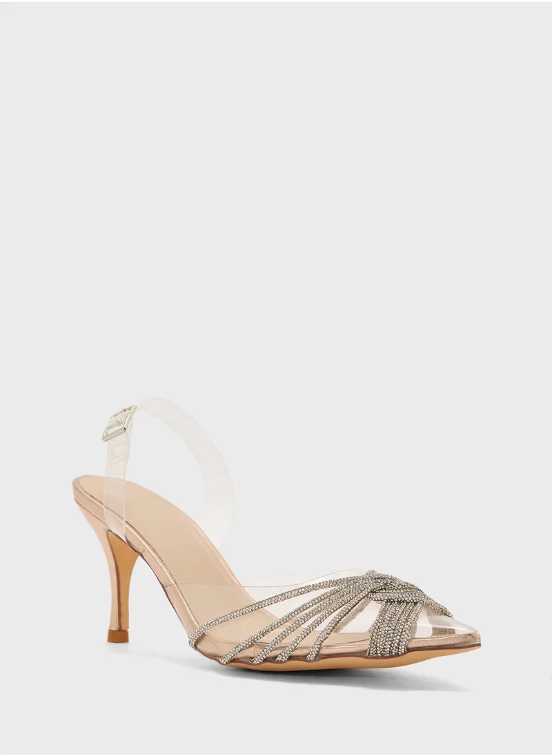 Truffle Diamante Embilleshed Pointy Pump