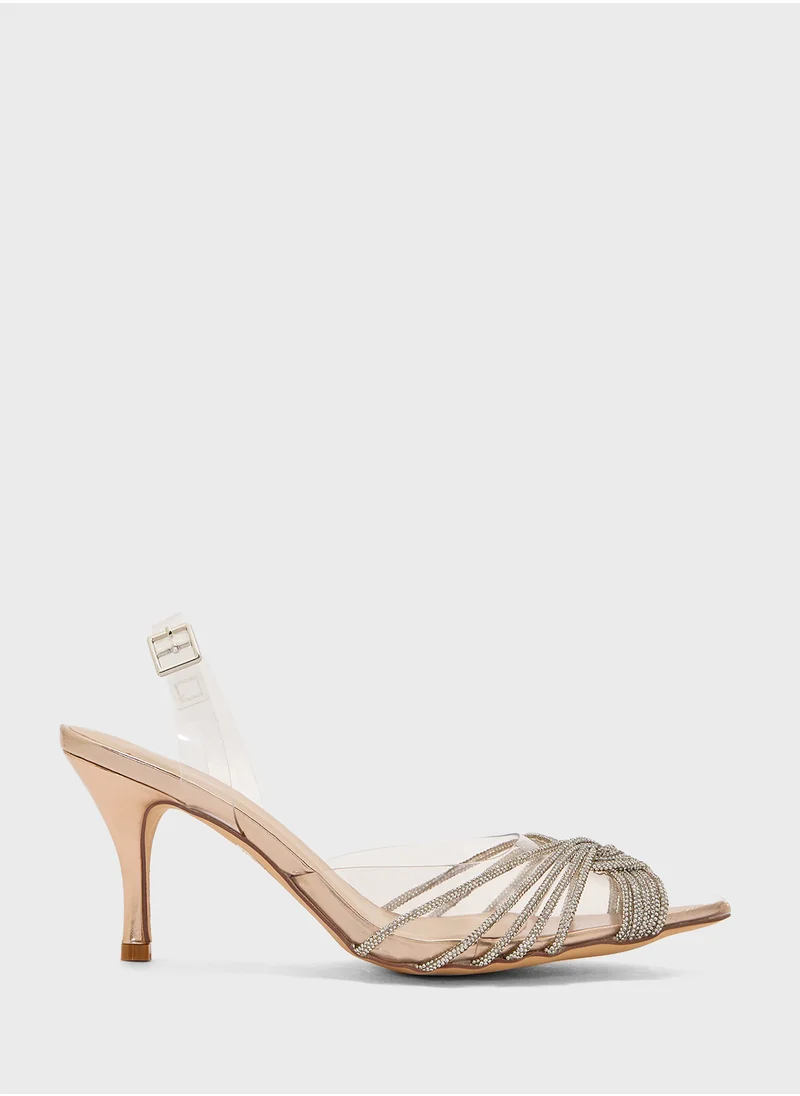 Truffle Diamante Embilleshed Pointy Pump