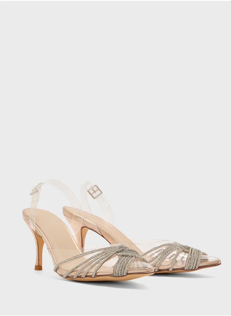 Truffle Diamante Embilleshed Pointy Pump