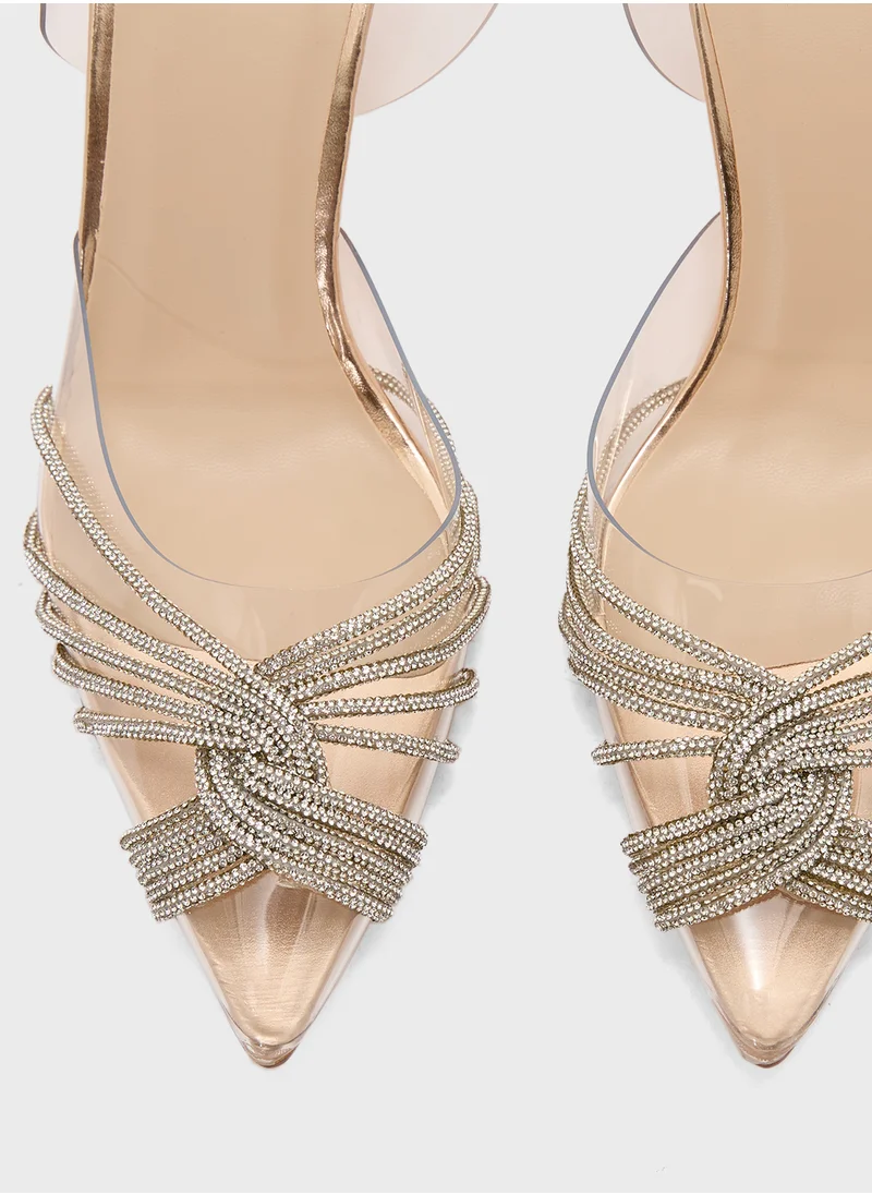 Truffle Diamante Embilleshed Pointy Pump