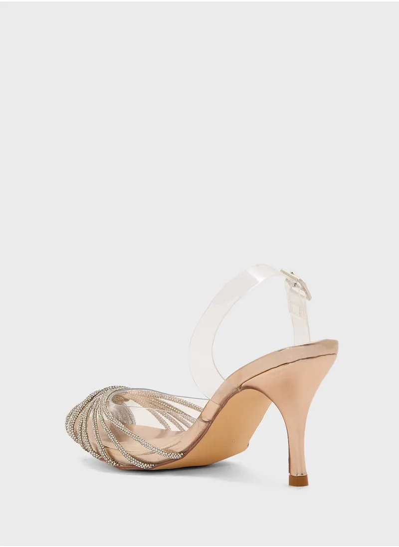 Truffle Diamante Embilleshed Pointy Pump