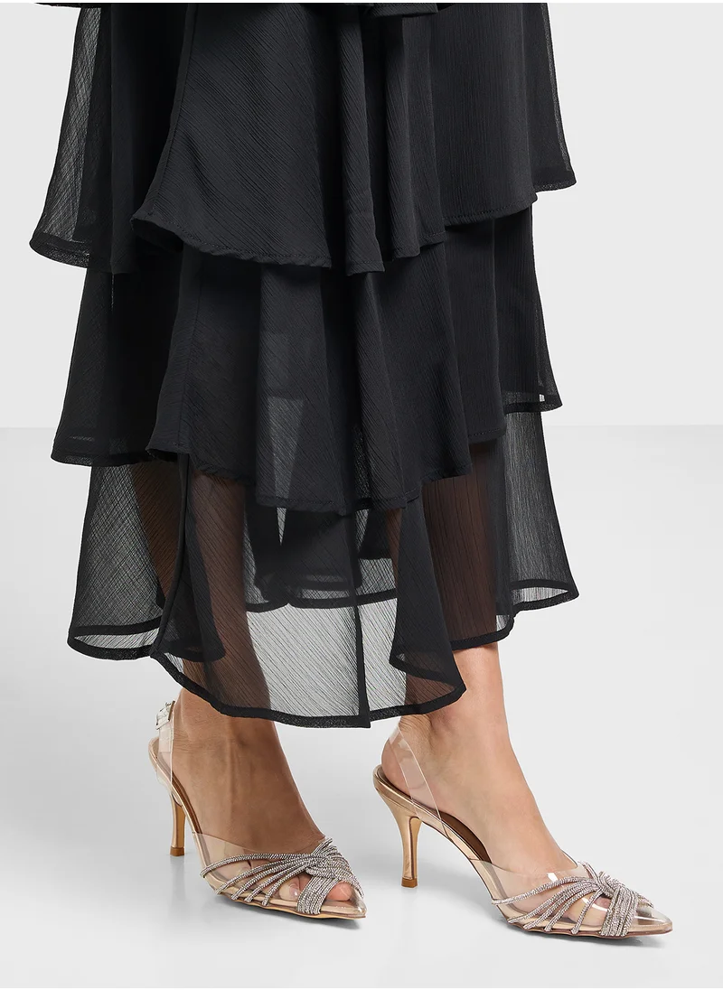 Truffle Diamante Embilleshed Pointy Pump