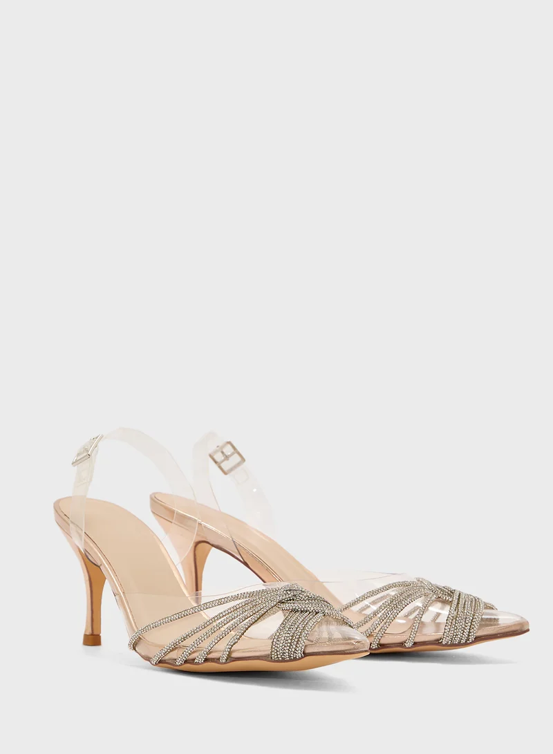 Truffle Diamante Embilleshed Pointy Pump