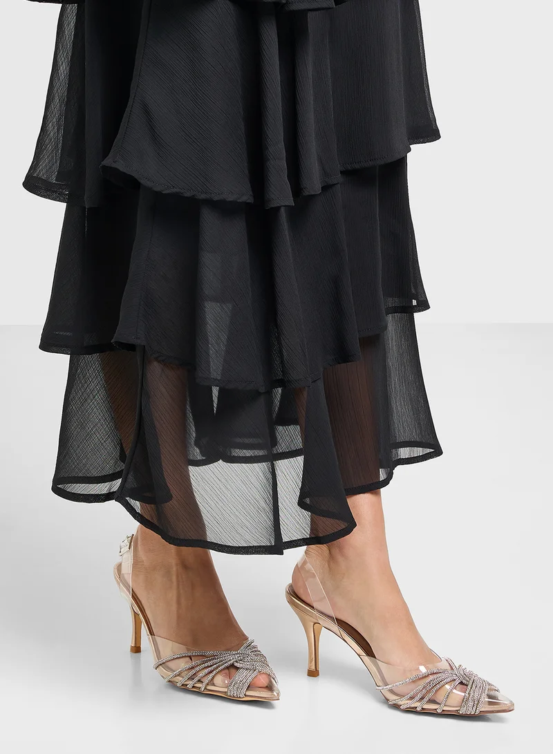 Truffle Diamante Embilleshed Pointy Pump
