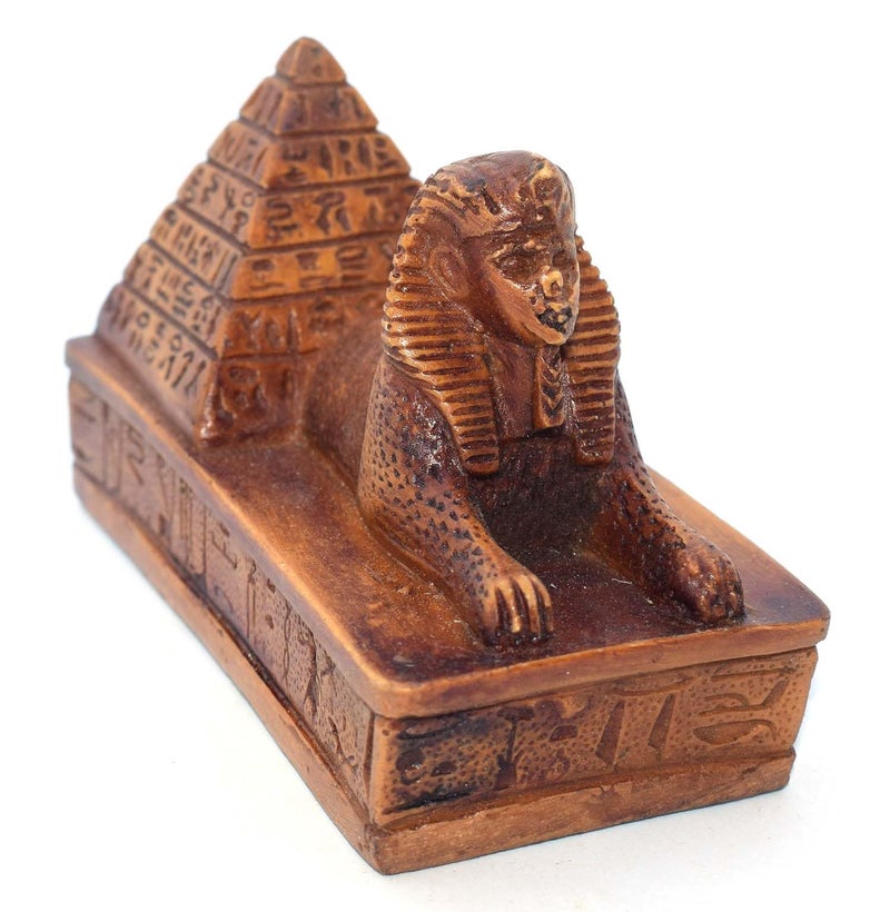 immatgar pharaonic sphinx with pyramid Statue ancient Egyptian souvenirs gifts for women and men Home Décor Sculpture Pharaohs art (with pyramid - Brown - 10 CM Long) - Image 1