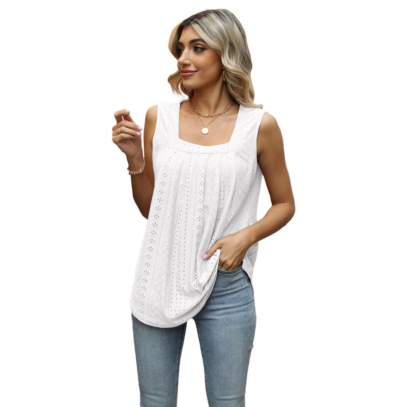 2023 New Women's Top Pleated Hollow Square Collar Sleeveless Vest Irregular T-shirt - Image 3
