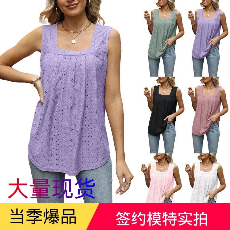 2023 New Women's Top Pleated Hollow Square Collar Sleeveless Vest Irregular T-shirt - Image 2