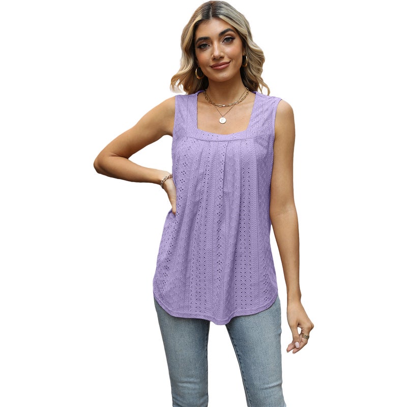 2023 New Women's Top Pleated Hollow Square Collar Sleeveless Vest Irregular T-shirt - Image 4