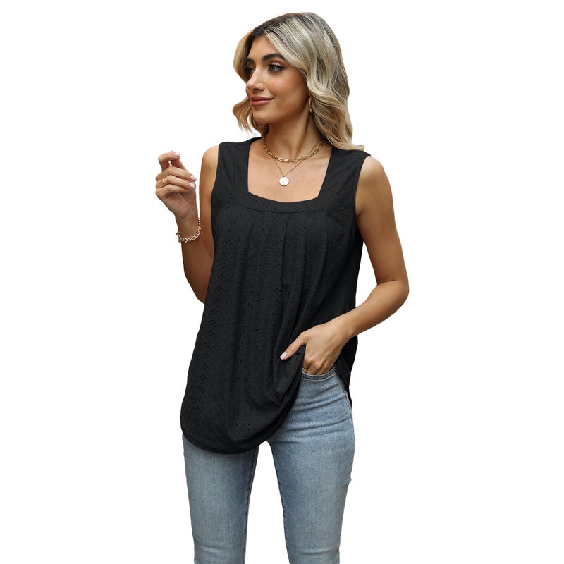 2023 New Women's Top Pleated Hollow Square Collar Sleeveless Vest Irregular T-shirt - Image 5