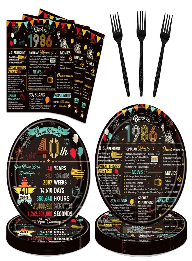 refavor 40th Birthday Plates and Napkins, 96PCS Vintage 40th Birthday Party Decorations Supplies for Women Men, Back in 1986 Cheers to 40 Years Disposable Tableware Set Serve 24 - Image 1
