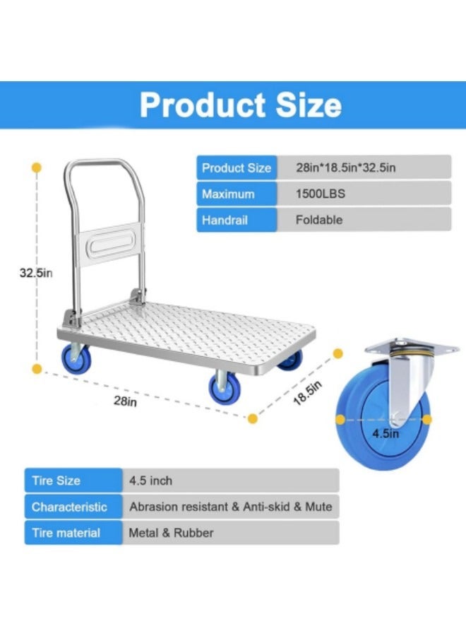 Generic Push Cart Dolly Cart Platform Hand Truck, 200kg Load Folding Platform Truck Luggage Cart Folding Flatbed Dolly with 360 Degree Swivel Wheels Foldable Push Hand Cart, 28 * 18.5in Silver  - Image 2