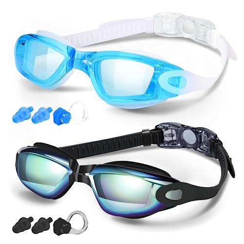 COOLOO Swim Goggles Men, 2 Pack Swimming Goggles for Women Kids Adult Anti-Fog, Black & Lake Blue - Image 1