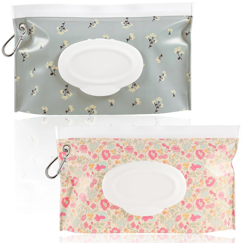 FEBSNOW FEBSNOW 2 Pack Baby Wipes Dispenser Portable Refillable Wipe Holder Baby Wipes Container Travel Wipes Case Reusable Wet Wipes Pouch Floral 