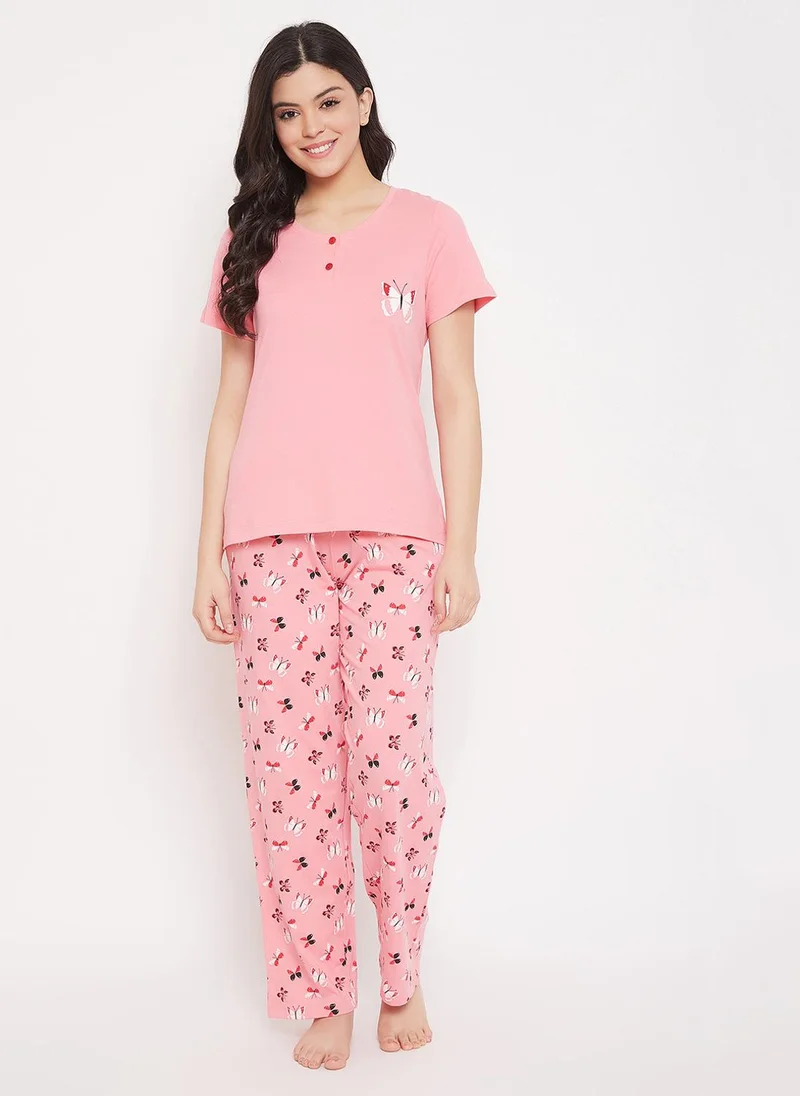 Clovia Clovia Butterfly Print Top & Pyjama  in Peach Pink - 100% Cotton