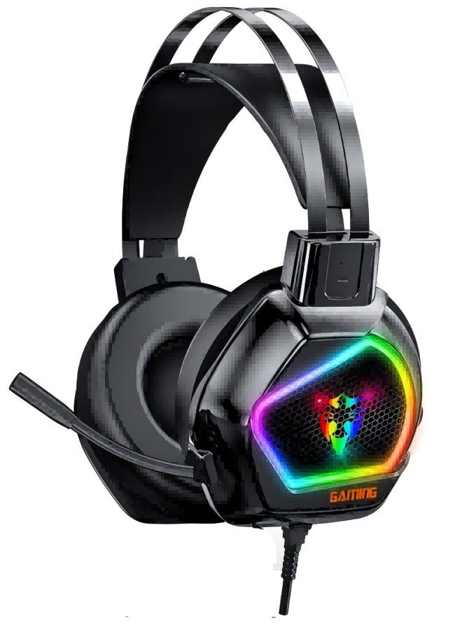 Gaming Headset Wired Gaming Headset, Long Mic USB Interface - Black + Color Light - Image 1