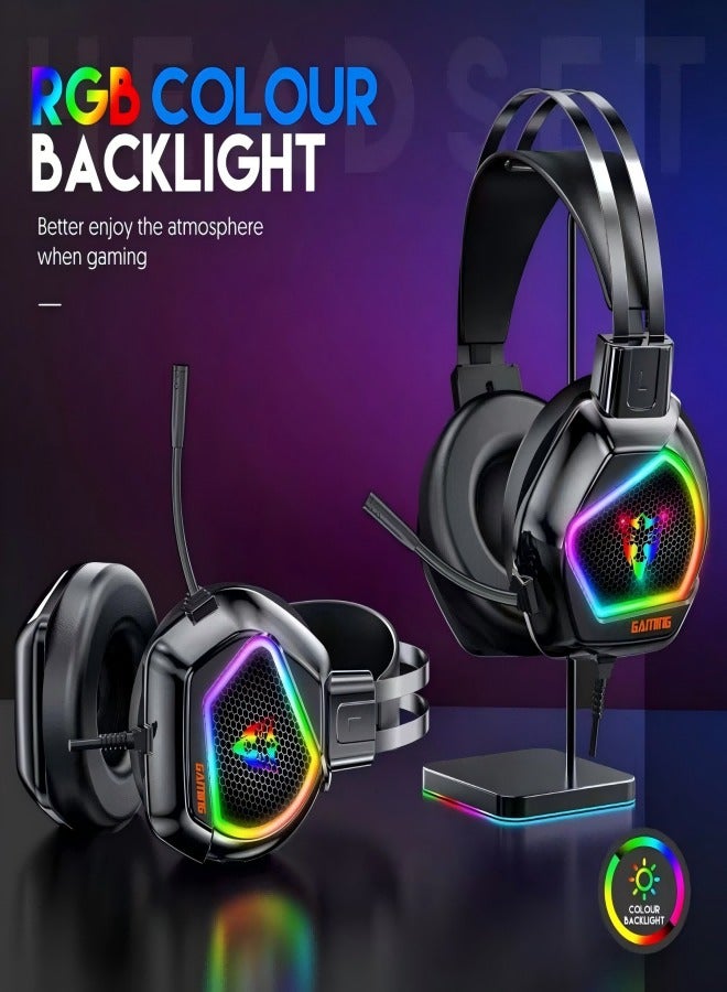 Gaming Headset Wired Gaming Headset, Long Mic USB Interface - Black + Color Light - Image 2
