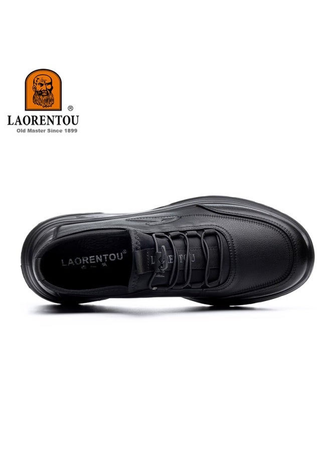 Laorentou Men's Spring Autumn Sports Casual Breathable Comfortable Slip-on Leather Shoes With Elastic Band La259 Black Size 43
