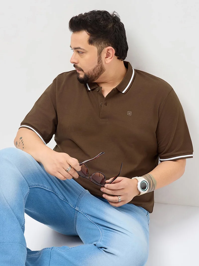 Urbano Fashion  Urbano Plus Men's Dark Brown Solid Regular Fit Half Sleeve Cotton Polo T-Shirt  | Best Price UAE