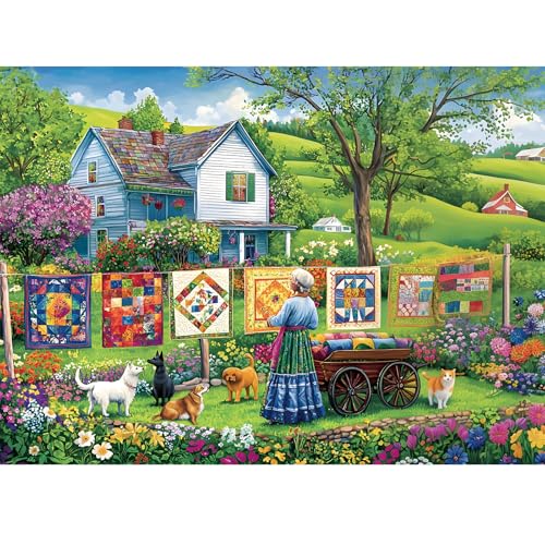 Edsjegn 300 Piece Puzzles for AdultsFarm Grandma Jigsaw Puzzle for Adults Children SeniorsLarge Piece Garden Puzzle for Kids Age 810 1012Vintage Country Quilts PuzzleFamily Game Great Gift 205x15in - Image 1