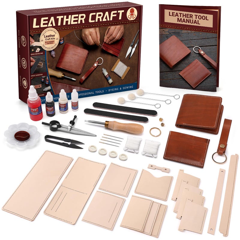 CBHGFEA 51-Piece Leather Working Kit: CBHGFEA Craft Tools Set with Edge Beveler Vegetable Tanned Leather Compass Wax Thread Video Tutorials for Wallets Card Holders and Keychains Crafts for Adults - Image 1