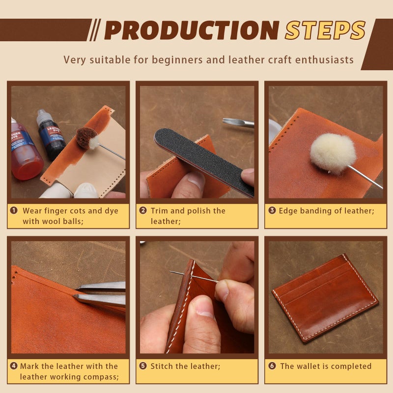 CBHGFEA 51-Piece Leather Working Kit: CBHGFEA Craft Tools Set with Edge Beveler Vegetable Tanned Leather Compass Wax Thread Video Tutorials for Wallets Card Holders and Keychains Crafts for Adults - Image 4