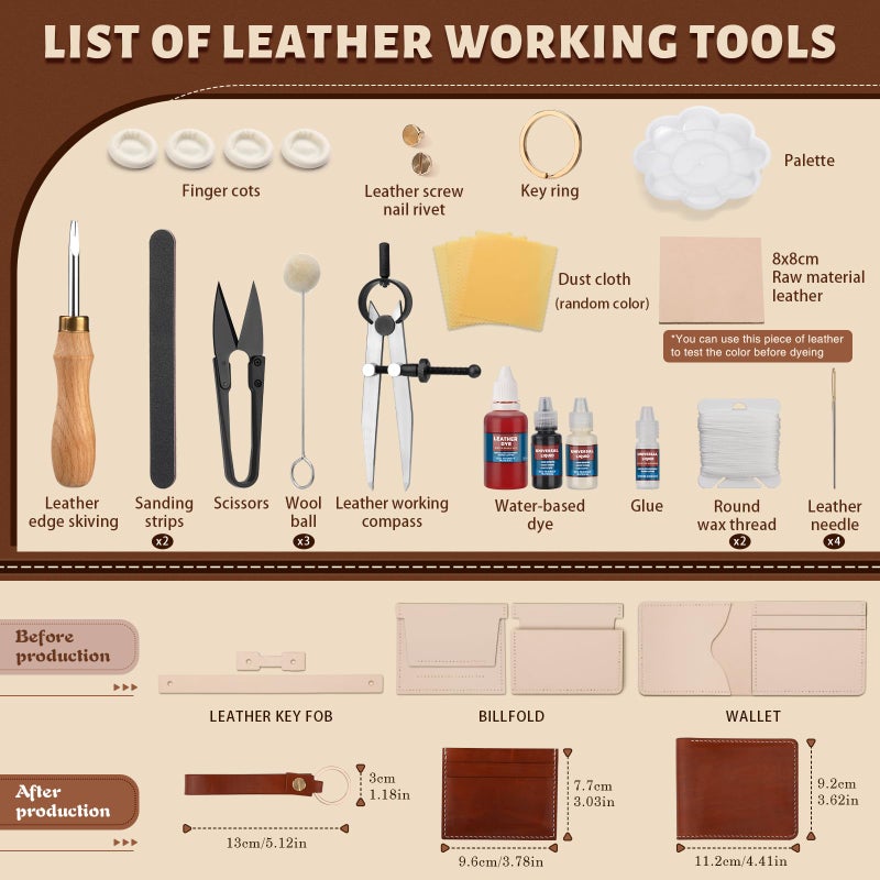 CBHGFEA 51-Piece Leather Working Kit: CBHGFEA Craft Tools Set with Edge Beveler Vegetable Tanned Leather Compass Wax Thread Video Tutorials for Wallets Card Holders and Keychains Crafts for Adults - Image 2