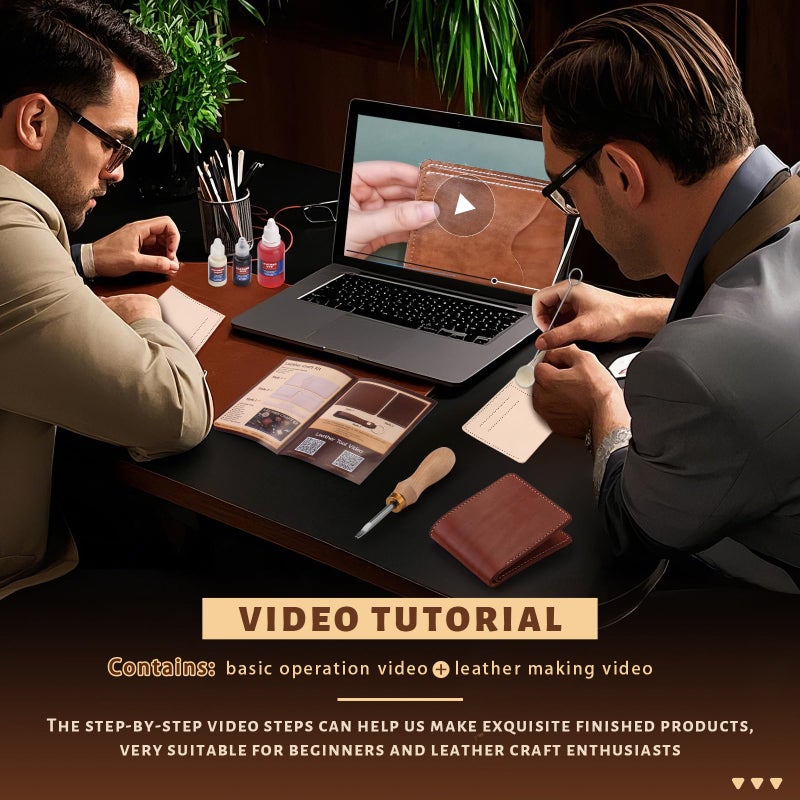 CBHGFEA 51-Piece Leather Working Kit: CBHGFEA Craft Tools Set with Edge Beveler Vegetable Tanned Leather Compass Wax Thread Video Tutorials for Wallets Card Holders and Keychains Crafts for Adults - Image 5