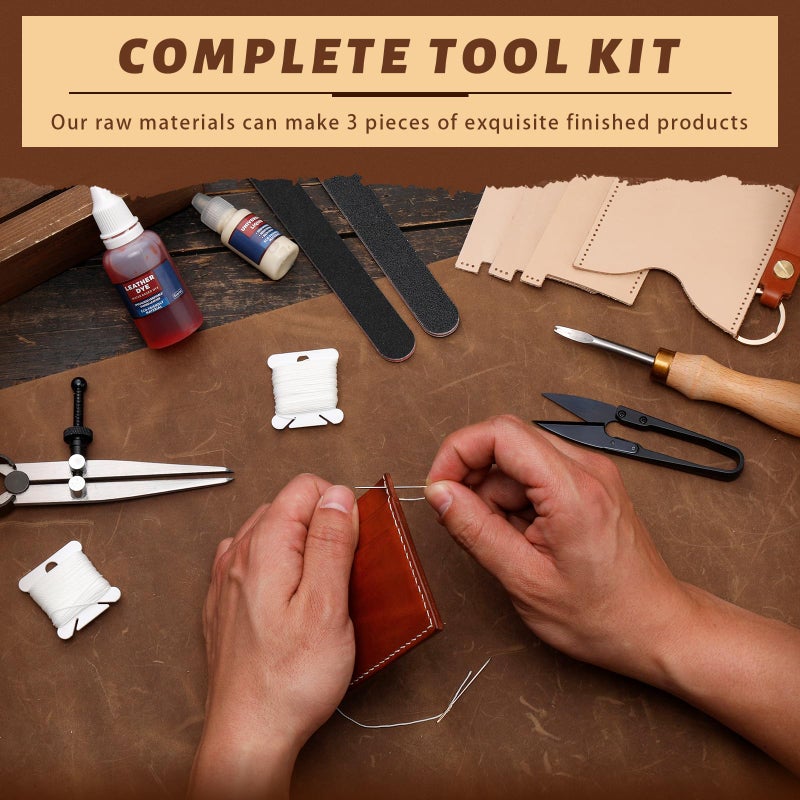 CBHGFEA 51-Piece Leather Working Kit: CBHGFEA Craft Tools Set with Edge Beveler Vegetable Tanned Leather Compass Wax Thread Video Tutorials for Wallets Card Holders and Keychains Crafts for Adults - Image 3
