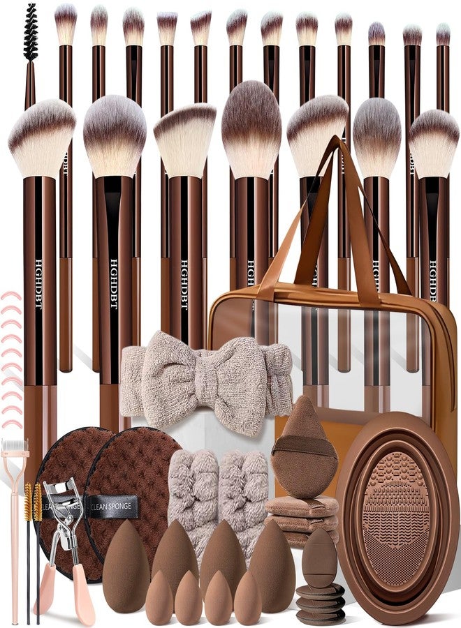HGHDBT 57Pcs Brown Makeup Brushes Set Professional with Case Premium Synthetic for Foundation Concealer Blush Eye Shadow Powder Eye & Face Make up Brush Kit with Beauty Blender Sponge Set Tools - Image 1