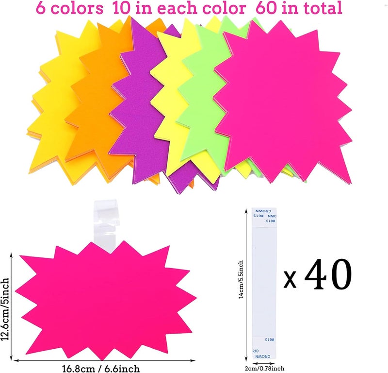 LinQuick 5x6.6 Inch 60Pieces Fluorescent Neon Signs,Burst Star Cutouts Signs for Retail,Bright Color Display Tags to Boost Sales,Garage Sale Supplies Sign,40pcs PVC Adhesive Transparent Strips - Image 3