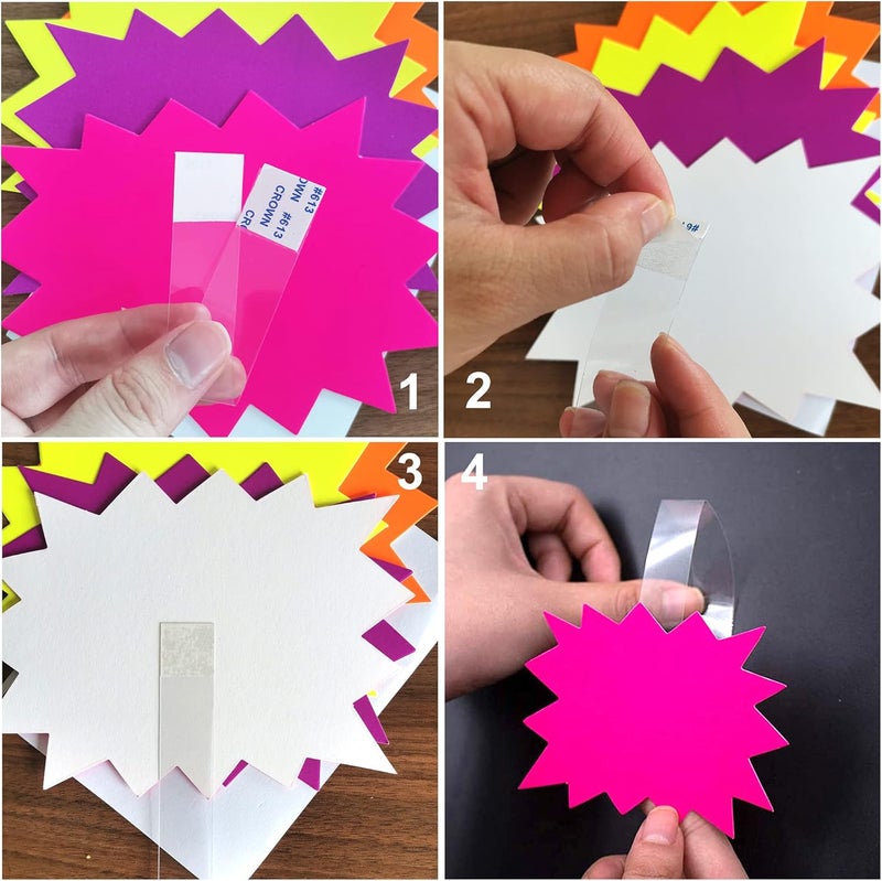 LinQuick 5x6.6 Inch 60Pieces Fluorescent Neon Signs,Burst Star Cutouts Signs for Retail,Bright Color Display Tags to Boost Sales,Garage Sale Supplies Sign,40pcs PVC Adhesive Transparent Strips - Image 5