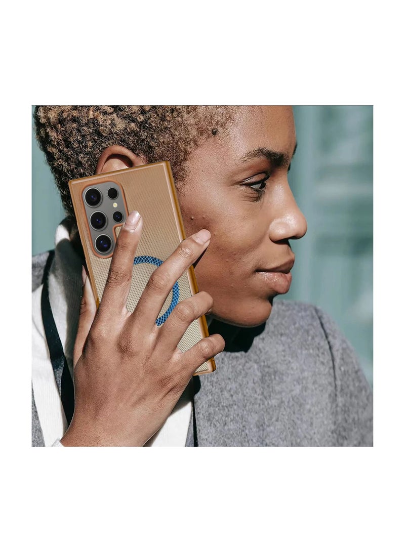 Wtech Samsung Galaxy S24 Ultra 5G 2024 Support Wireless Charging Magnetic Cover Texture PU Leather  Phone Case Cover  (MCMPMN) - Brown - Image 3