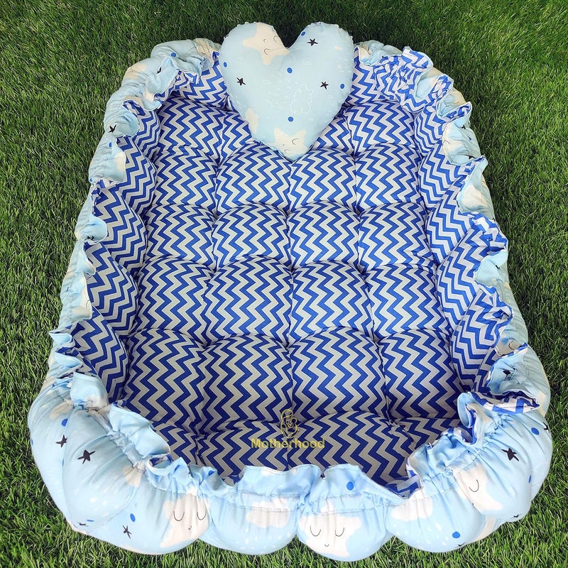 MOTHERHOOD MOTHERHOOD Rectangle Baby Tub Bed and 1 pc Pillow Luxury Baby Mattress Bed Sleeper Bedding Set Safe Cotton Fabric with RFilled UltraSoft Comfortable for Newborn to Toddlers Sky - Image 1