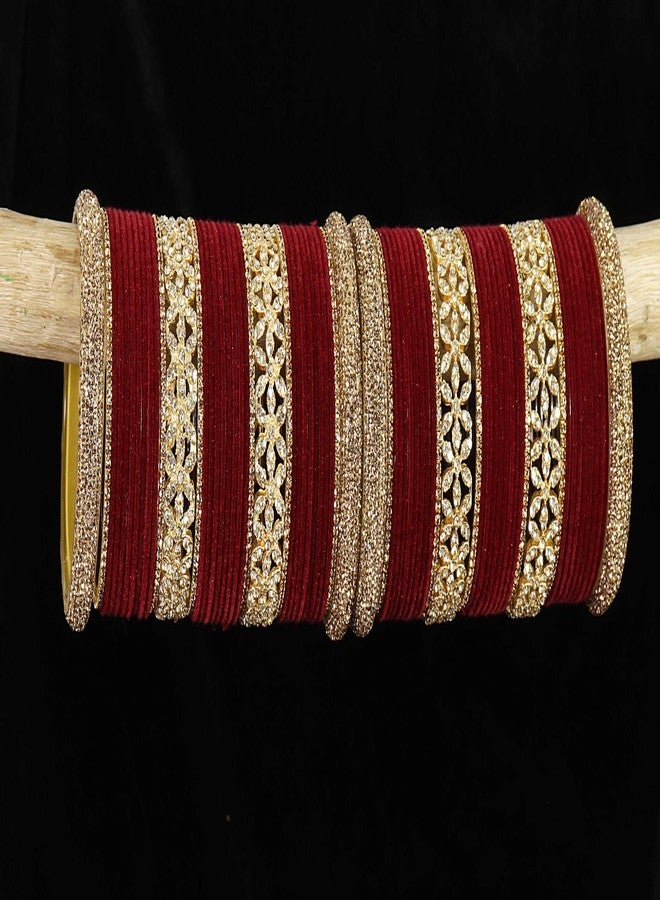 LAVAZZA Golden Zircon Gemstone Studded Metal Velvet Bangles Bridal Chuda Set For Women & Girls | Bangles For Marriage | Mehroon Bangles | Bangles For Wedding | Set of 68 -(LV_FMS5-Chuda-Maroon-2.8) - Image 3
