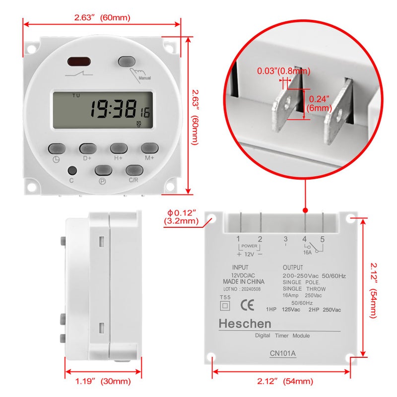 Heschen Digital LCD Power Weekly Programmable Timer Relay Switch, CN101A, DC12V 16Amp, SPST - Image 2