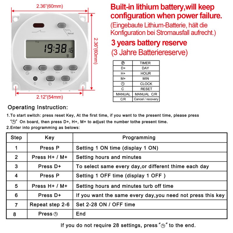 Heschen Digital LCD Power Weekly Programmable Timer Relay Switch, CN101A, DC12V 16Amp, SPST - Image 4