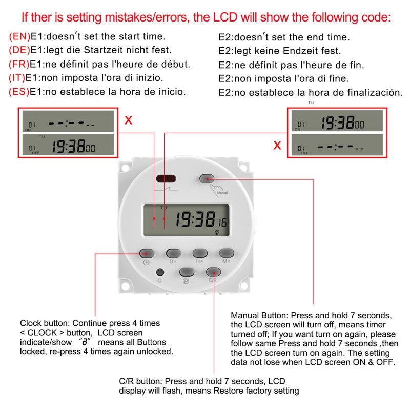 Heschen Digital LCD Power Weekly Programmable Timer Relay Switch, CN101A, DC12V 16Amp, SPST - Image 5