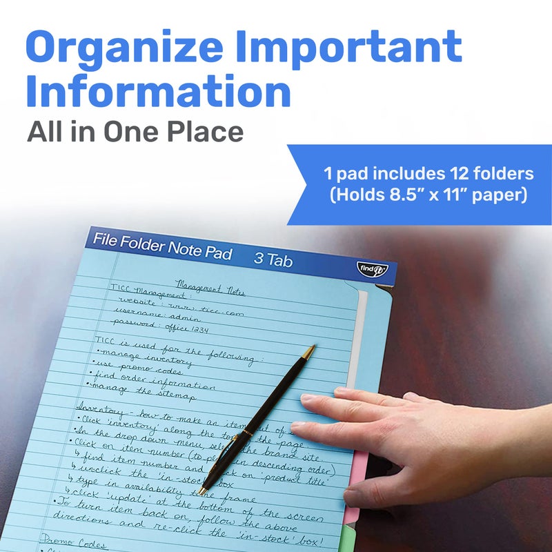 Find It File Folder Notepad - Pack of 12-9.5 x 12.5 Inch Notebook Organizer Folders for Filing, Document, and Clipboard Organization - Assorted Colors - Image 2