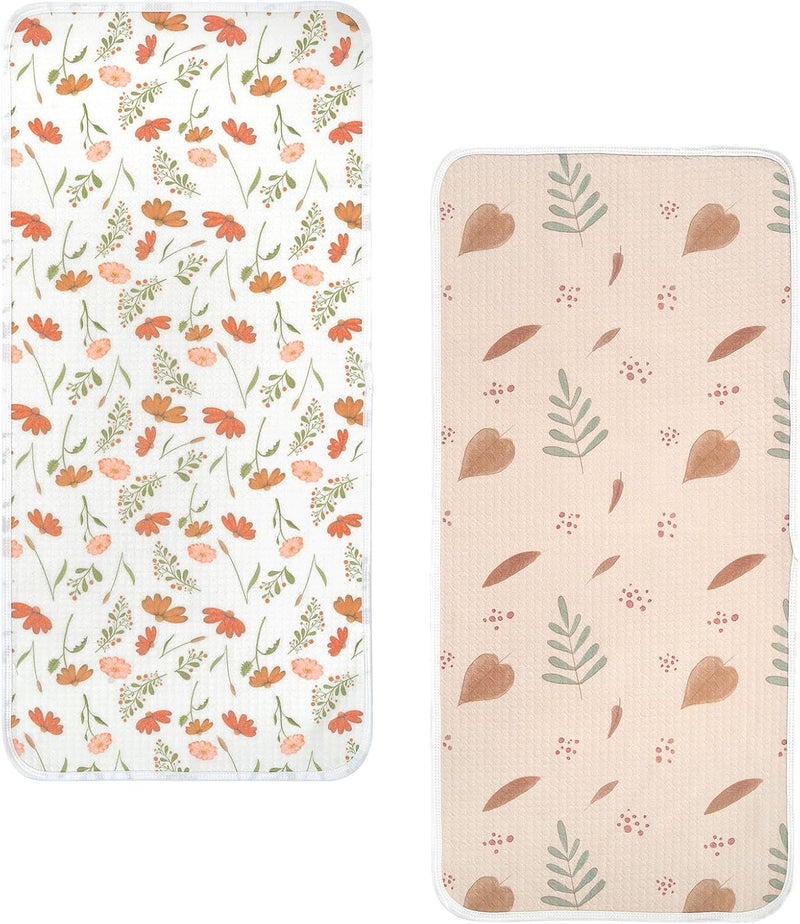 haakaa Waterproof Changing Pad Liners, 100% Cotton, Soft & Breathable (2pcs, 13" x 27.5" Velvet Bloom+Love Leaves) - Image 1