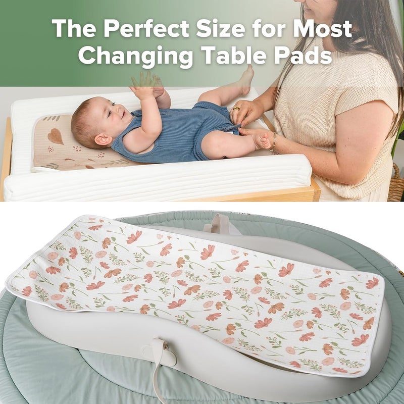 haakaa Waterproof Changing Pad Liners, 100% Cotton, Soft & Breathable (2pcs, 13" x 27.5" Velvet Bloom+Love Leaves) - Image 2