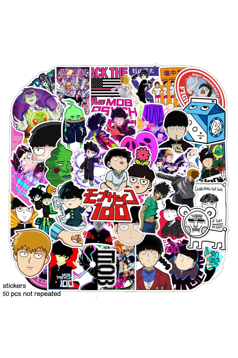 ٥٠ قطعة من ملصقات جرافيتي موب سايكو ١٠٠، مناسبة لزجاجات المياه، وأجهزة الكمبيوتر المحمولة، والهواتف، والدراجات، وحقائب الأمتعة، وألواح التزلج.