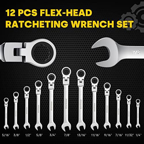 Enventor 12 Pieces SAE 1/4-7/8", 180° Flex Head Ratcheting Wrench Set, CRV Steel, 72-Teeth, 12-Point Combination Ratchet Wrenches Set with Rolling Pouch - Image 2