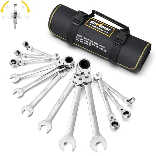 Enventor 12 Pieces SAE 1/4-7/8", 180° Flex Head Ratcheting Wrench Set, CRV Steel, 72-Teeth, 12-Point Combination Ratchet Wrenches Set with Rolling Pouch - Image 1