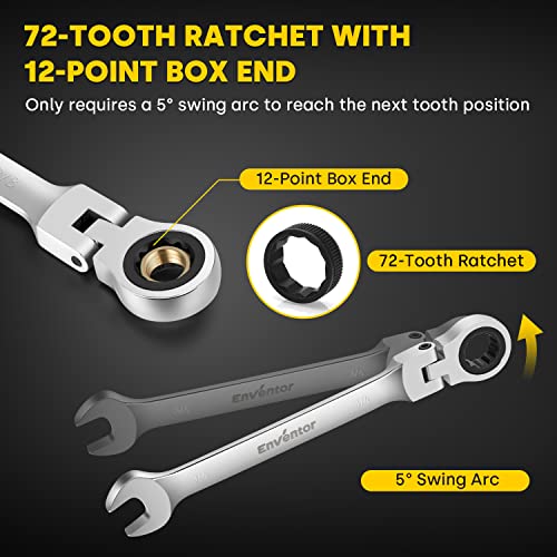 Enventor 12 Pieces SAE 1/4-7/8", 180° Flex Head Ratcheting Wrench Set, CRV Steel, 72-Teeth, 12-Point Combination Ratchet Wrenches Set with Rolling Pouch - Image 3
