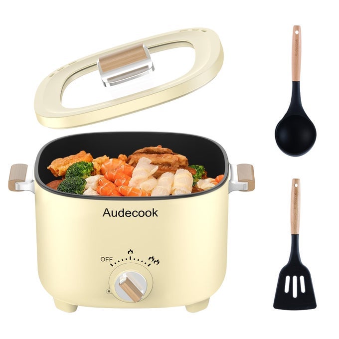 HOT POT ELECTRIC 25L PORTABLE NONSTICK MULTICOOKER FOR 13 PERSONS HONEYCOMB TEXTURE TRAVEL ELECTRIC SKILLET WITH DUAL POWER TEMPERATURE CONTROL FOR STEAKEGGNOODLESOATMEAL BEIGE