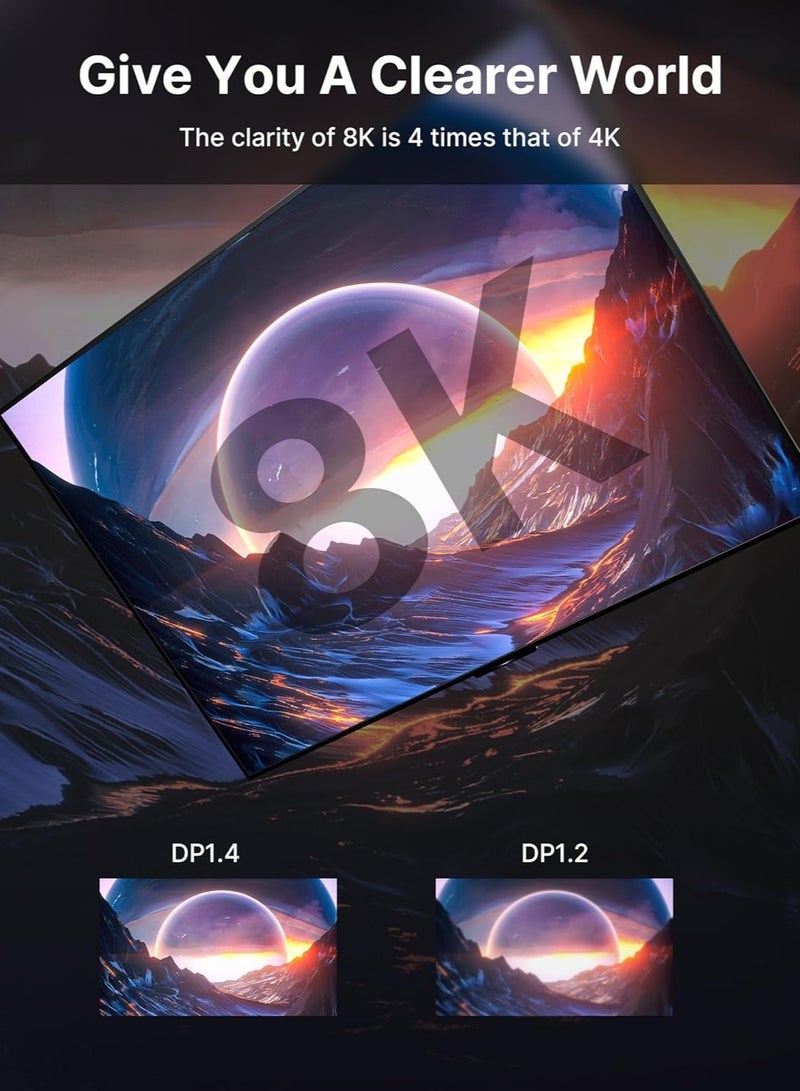 8K عرض منفذ كابل 1.4، كابل DP 2M، 2 حزمة، (8K @ 60Hz، 2K @ 240Hz، 4K @ 144Hz، 32.4Gbps)، منفذ الشاشة إلى منفذ الشاشة كابل (DP إلى كابل DP) متوافق مع الكمبيوتر المحمول شاشة ألعاب التلفزيون - Image 2